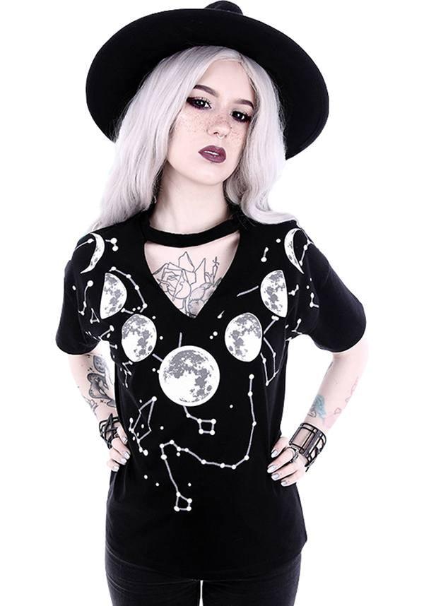 Soft Black Cotton Oversized Moon Phases V - Neck T - Shirt
