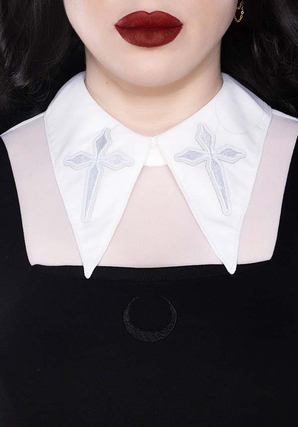 Stylish White Long - Sleeve Personal Jesus Mesh Top with Embroidered Cross Patches