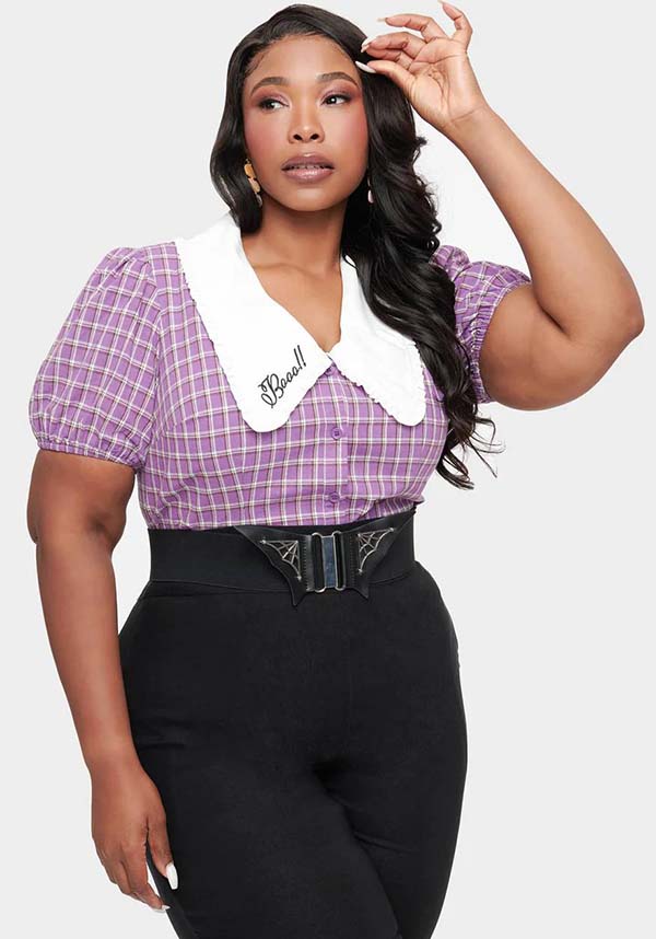 Vintage-Inspired Purple Plaid Oversized Collared Top with 'Boo!' Design