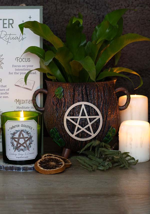Resin Pentagram Bark Effect Cauldron - Ideal Plant Pot for Magical Planting