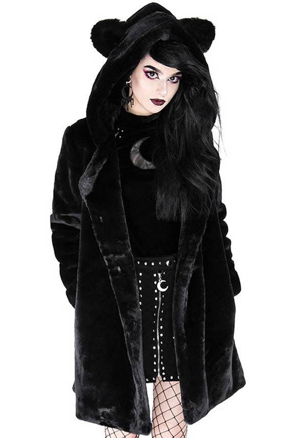 Stylish Restyle Black Faux Fur Winter Coat with Cat Ears