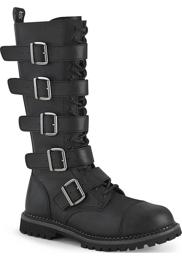 RIOT-18BK Pre-order: Gothic-Style Black Knee High Boots with Steel Toe and Vegan Leather