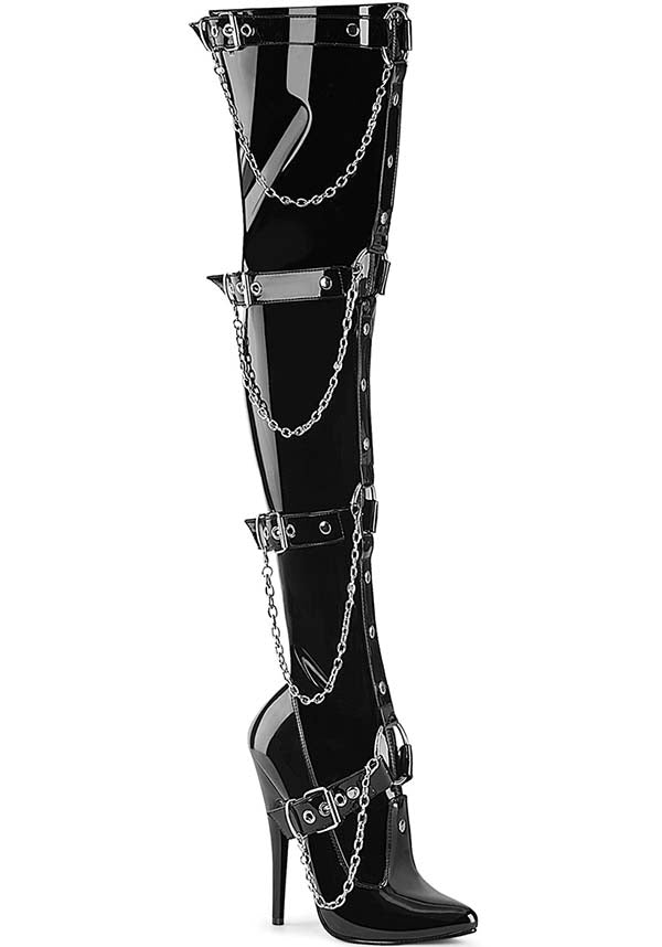 DOMINA-3027 Black Patent Leather Stretch Thigh High Boots - Preorder Available