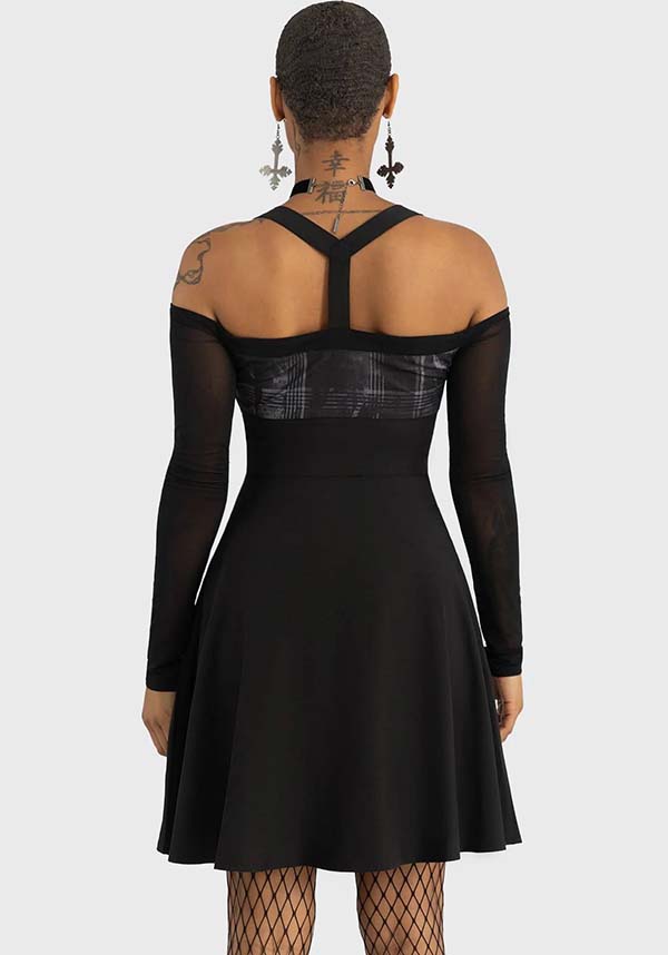 Stormcloud Cold-Shoulder Mini Dress with Washed Effect Print