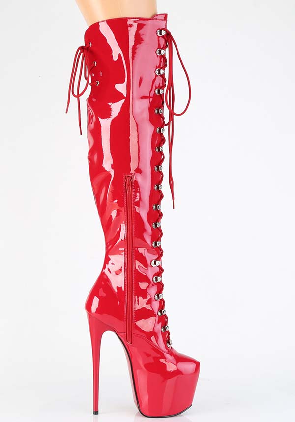 JUBILANT-3012 Red Patent Platform Over-The-Knee Lace-Up Boots [PREORDER]