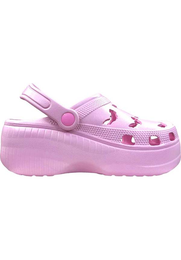 YRU RIPS Baby Pink Bat-Style Rubber Clogs for a Spooky Look