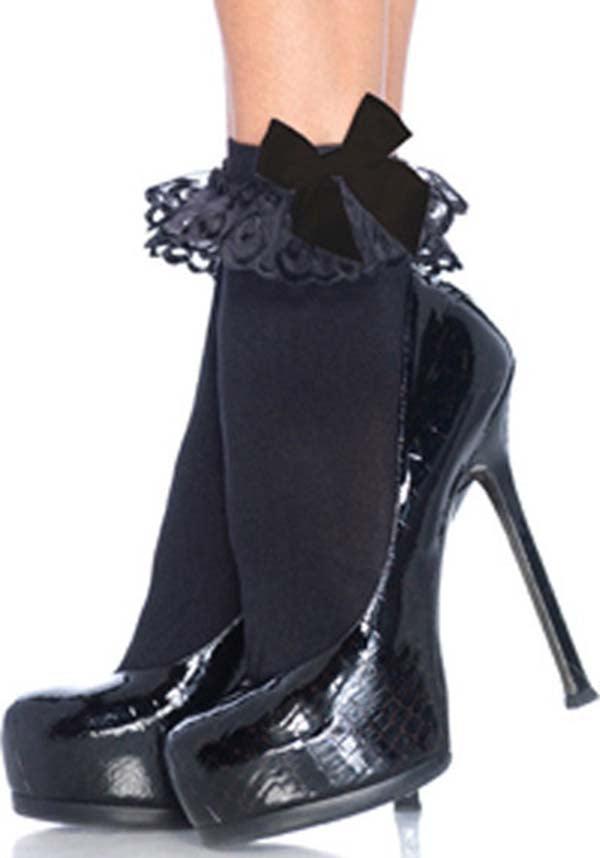 Leg Avenue Women's Sexy Lola Ankle Socks with Ruffled Bow in Classic Black Color