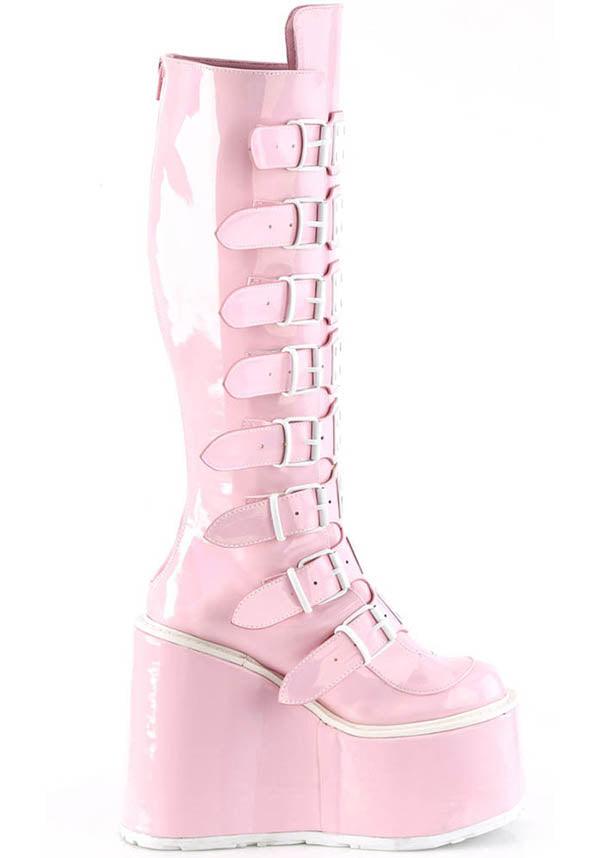PREORDER - Demonia Baby Pink Holographic Swing-815 Platform Knee High Boots for Fashion Lovers