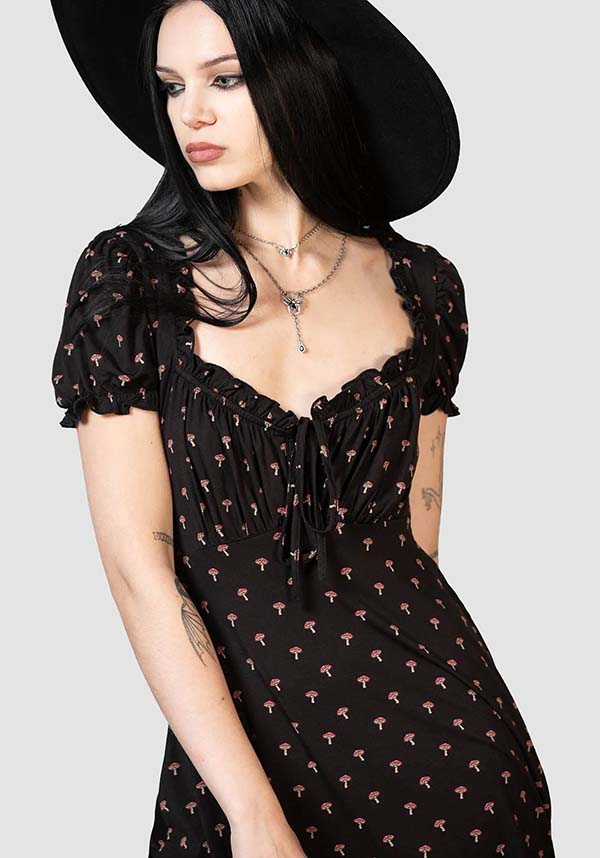 Poisonpie Mini Dress with Mushroom Print and Adjustable Neckline