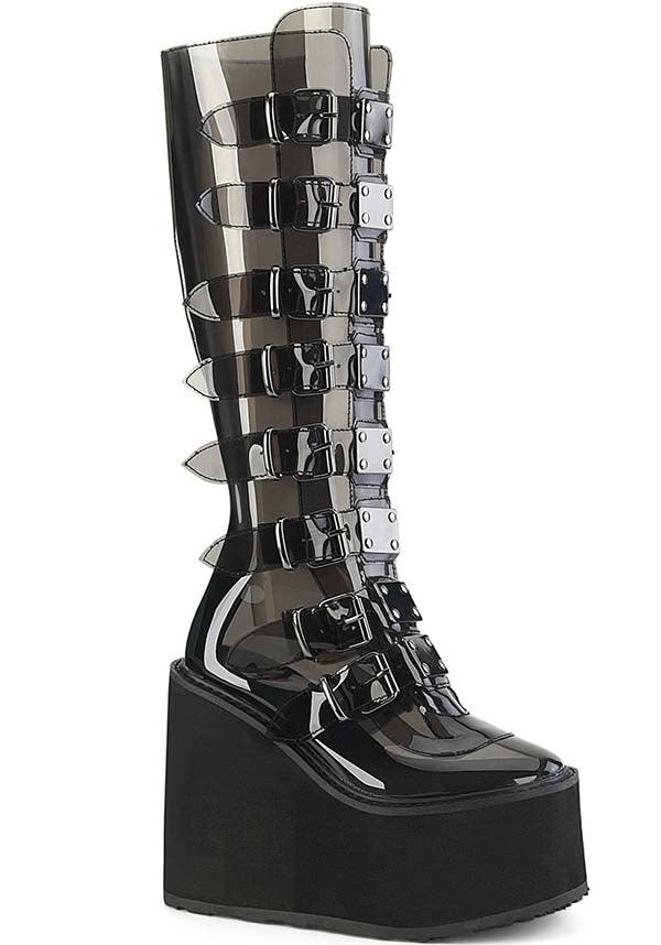 PREORDER - Demonia Swing-815C Platform Boots in Smoke TPU Color for Alternative Footwear Lovers