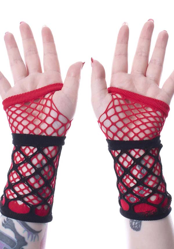 Poizen Industries Ruby Mesh Gloves in Red and Black for Alternative and Punk Fashion