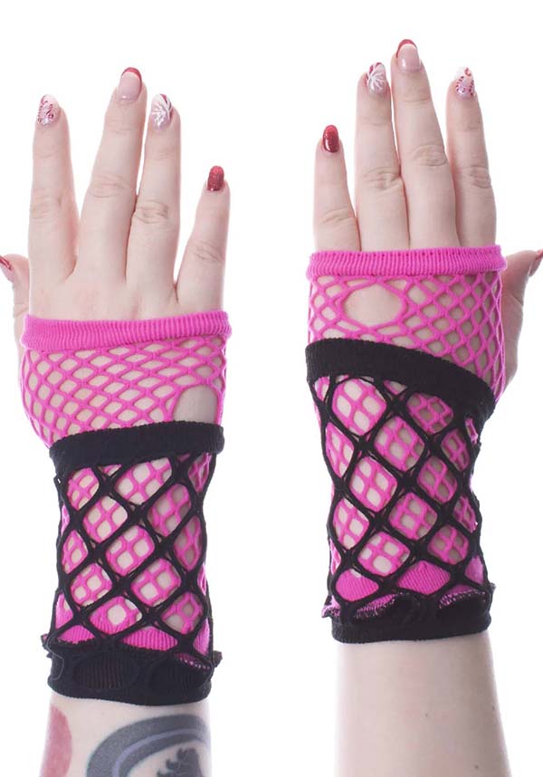 Poizen Industries Ruby Black/Pink Stretch Mesh Gloves for Fashion Edge