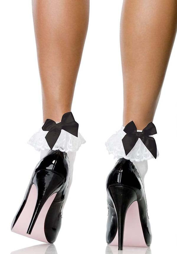 Leg Avenue Women's Lola Ruffle Bow Ankle Socks in Elegant White and Classic Black