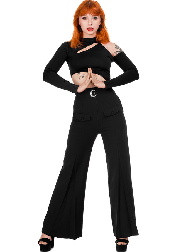 Restyle's Gothic Loretta Crescent Sky High Flared Pants for Corporate Goth Babes