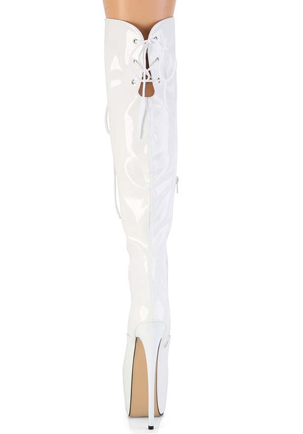 JUBILANT-3012 White Patent Leather Over-The-Knee Platform Boots - Pre-Order