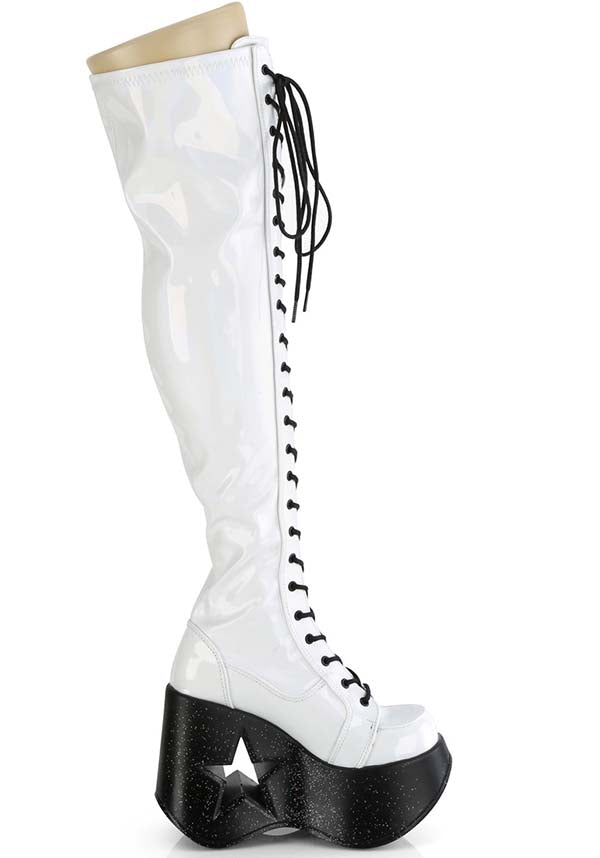 PREORDER: White Stretch Holo DYNAMITE-300 Platform Boots