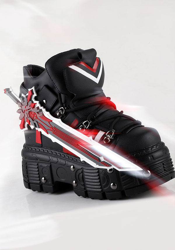 Genshin Impact Inspired Black Combat Platform Boots - Mangosteen-08 with Statement Sword Accessory