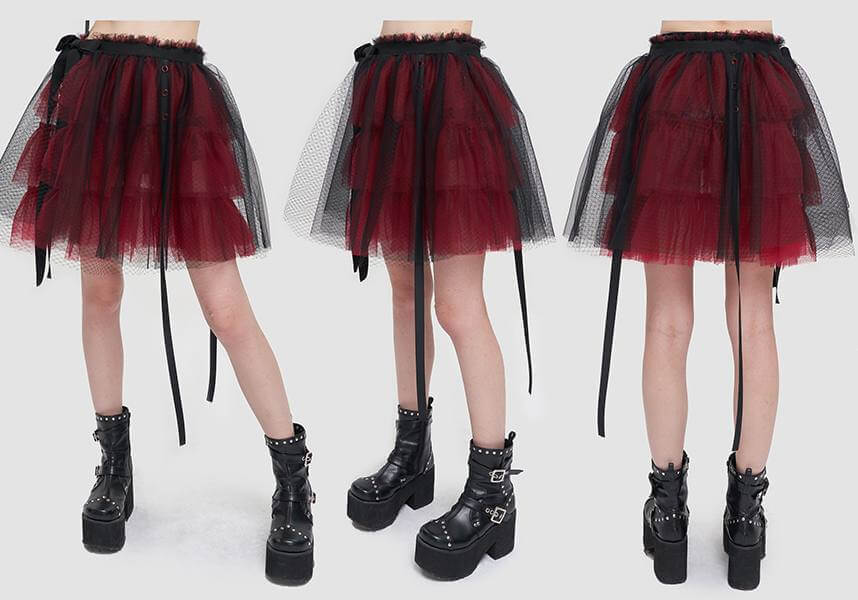 Devil Fashion's Edgy Medusa Punk Flared Skirt in Black and Red