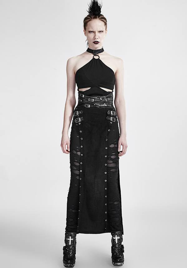 Punk Style High Waist Split Skirt with Leather Loop and Metal Buckle