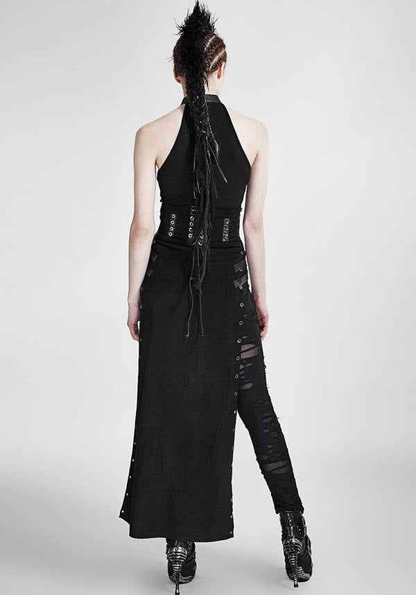 Punk Style High Waist Split Skirt with Leather Loop and Metal Buckle