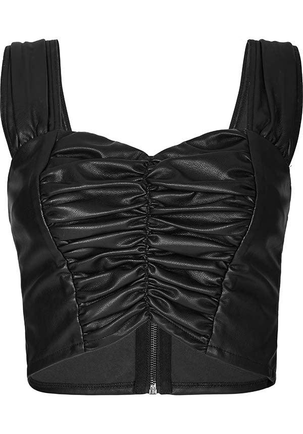 Chic Pleated Faux Leather Square Neck Top for Fashion Lovers