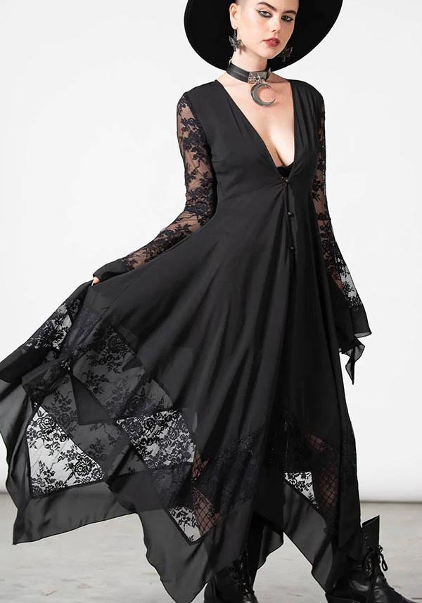 Elegant Misty Night Maxi Dress with Lace Detailing
