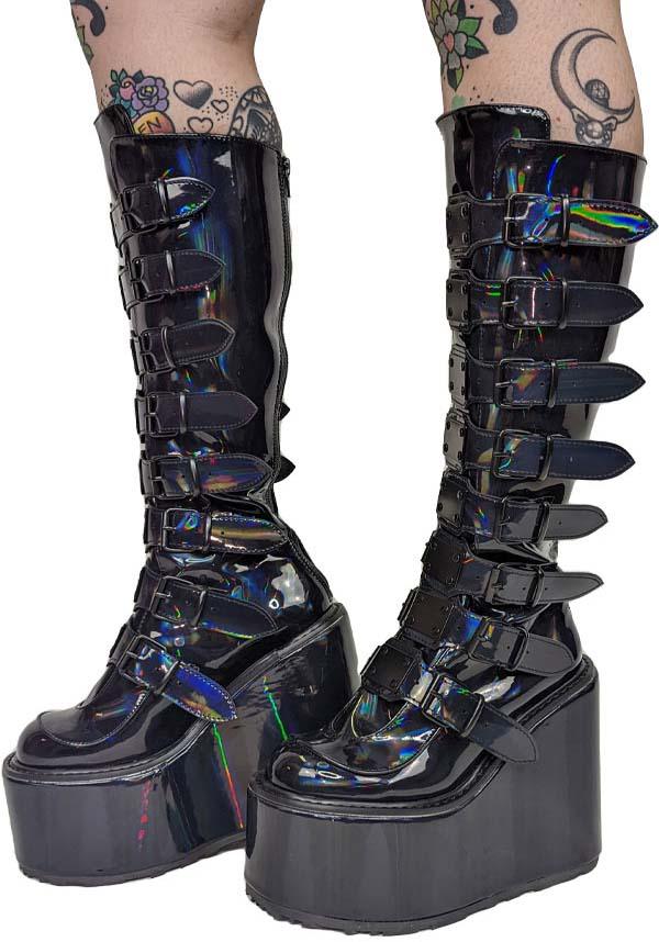 PREORDER: Black Holographic Patent SWING-815 Platform Knee-High Boots