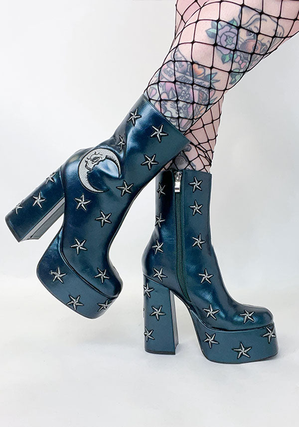 Enchanted Mooncraft Teal-Colored Heeled Chunky Ankle Boots for Women