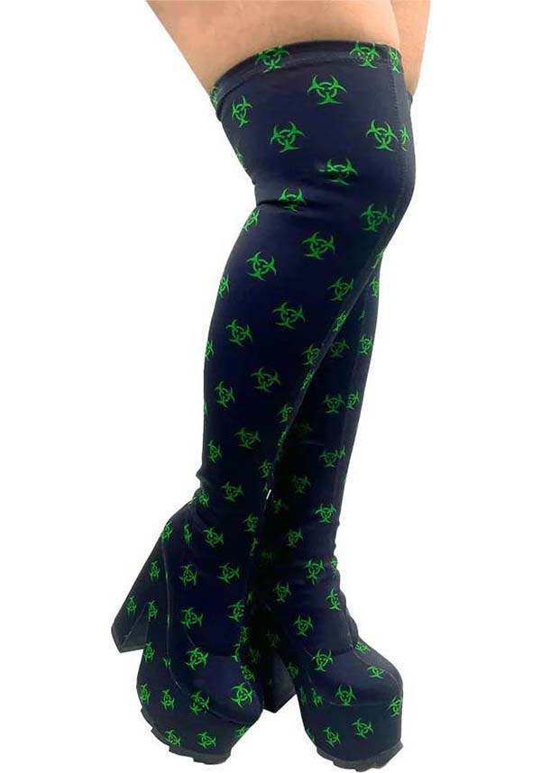 Edgy Black and Green Labyrinth Toxica Knee-High Boots