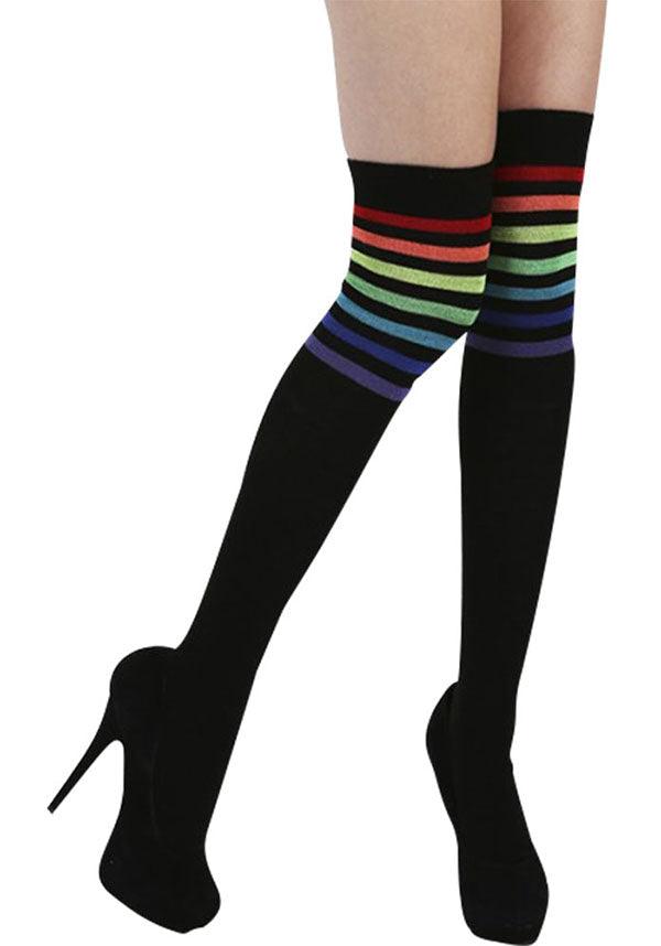 Referee Style Over the Knee Socks in Black and Rainbow Color Scheme