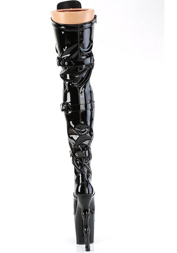 PREORDER - RAPTURE-3028 Black Patent Platform Heels, Lace-Up Front Thigh High Boots