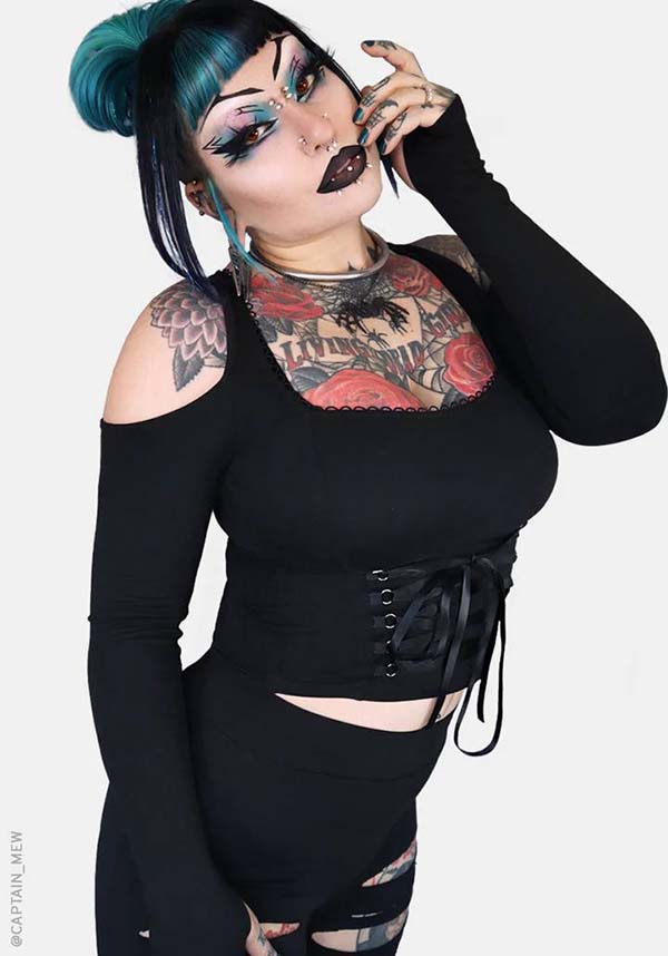 Minerva Cold Shoulder Top with Picot Trim and Corset Design