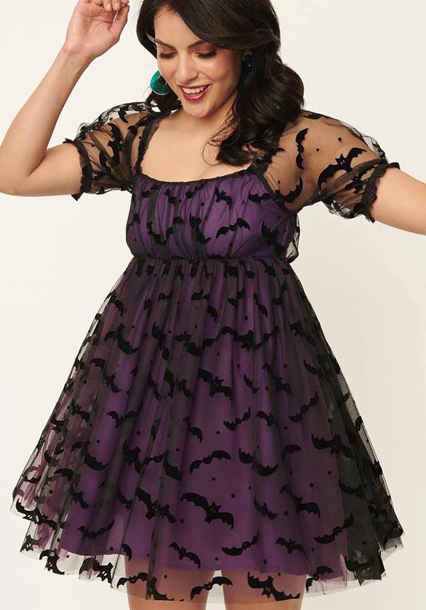 Unique Vintage Purple Bat Mesh Patterned Chiffon Babydoll Dress for Women