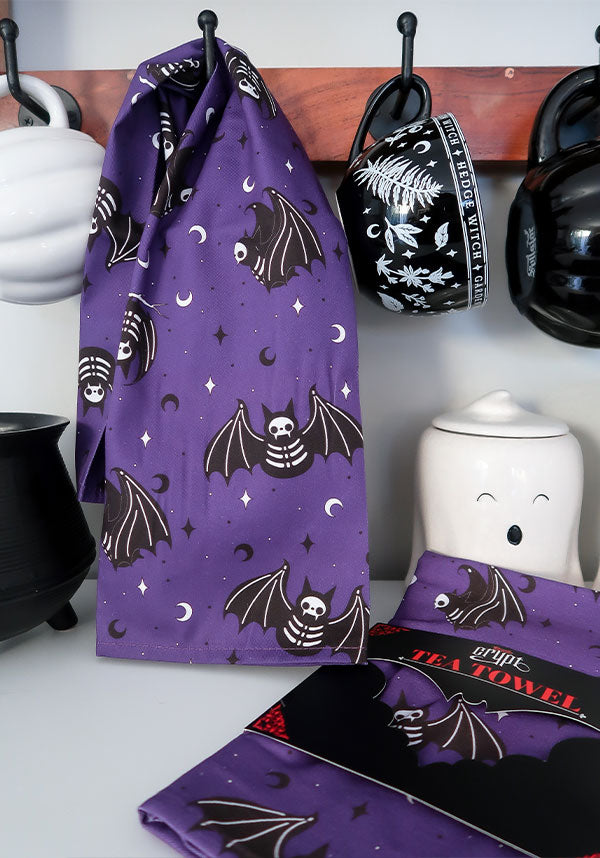 Gothic-Inspired Batty Bones Purple and Black Tea Towel