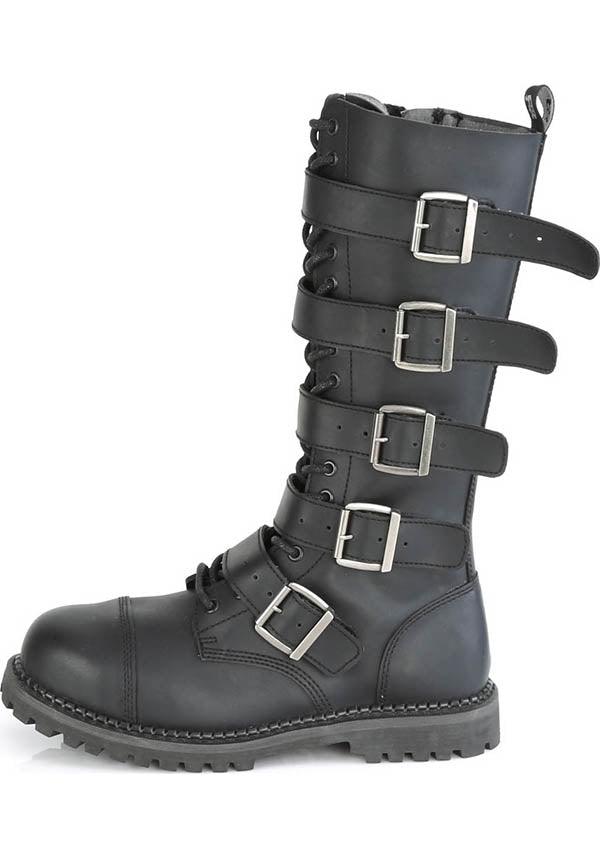 RIOT-18BK Pre-order: Gothic-Style Black Knee High Boots with Steel Toe and Vegan Leather