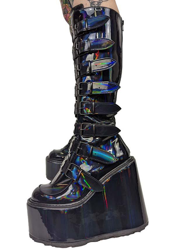 PREORDER: Black Holographic Patent SWING-815 Platform Knee-High Boots