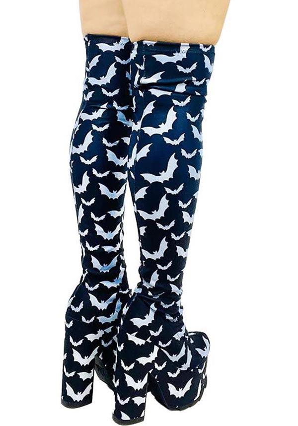 Labyrinth Bat Design Black and White Over-the-Knee Platform Boots