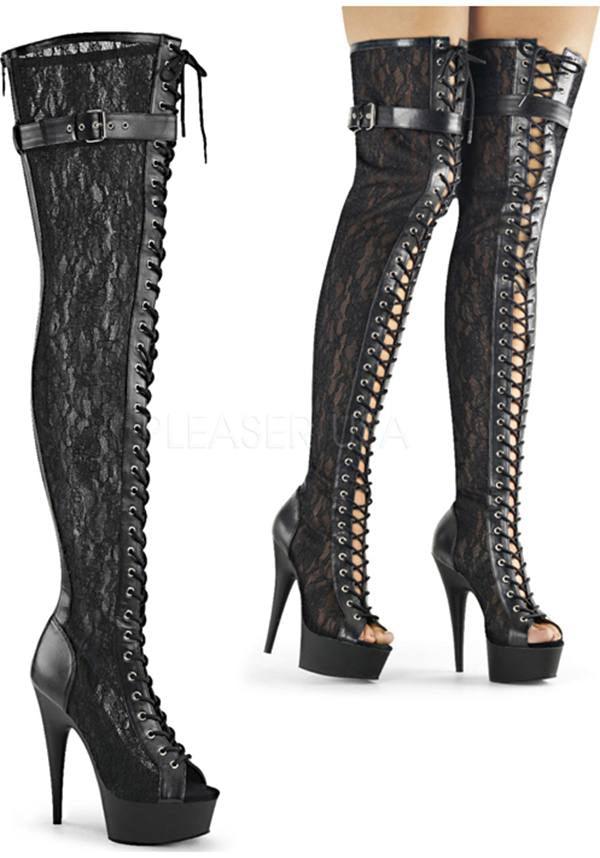 Delightful 3025ML Black Platform Thigh - High Lace Mesh Pre - Order Platform Boots