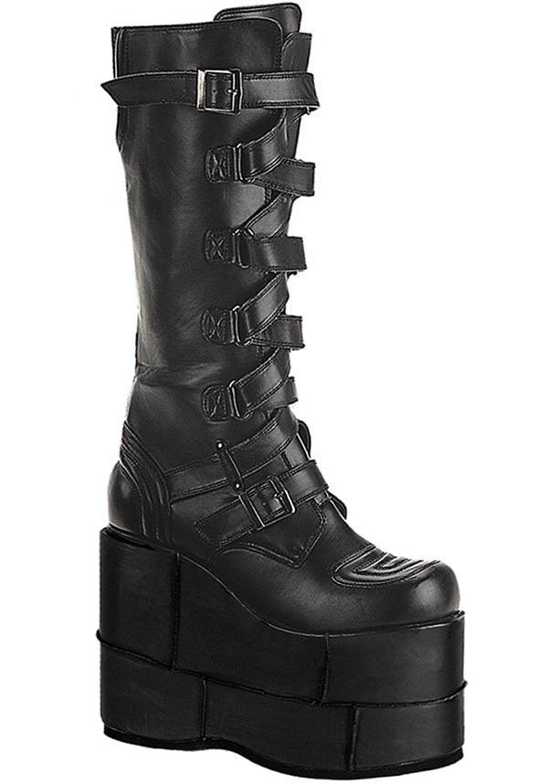 Demonia Stack-308 Black Platform Knee-High Pre-Order Goth Cyber Gogo Punk Boots