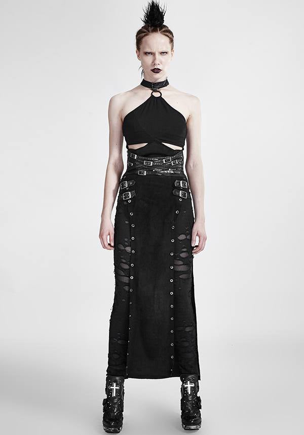 Punk Style High Waist Split Skirt with Leather Loop and Metal Buckle