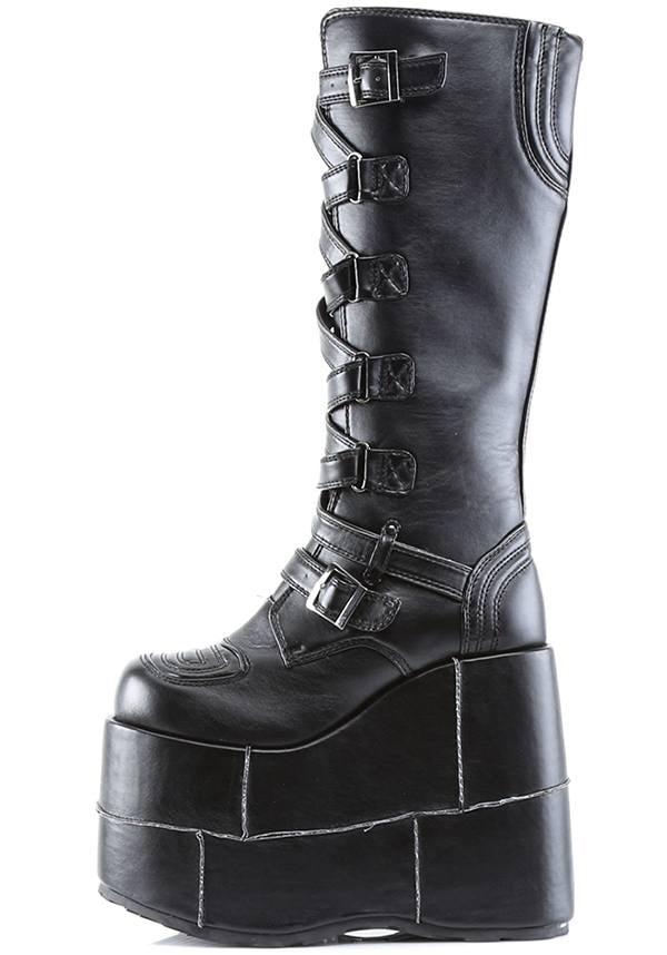 Demonia Stack-308 Black Platform Knee-High Pre-Order Goth Cyber Gogo Punk Boots