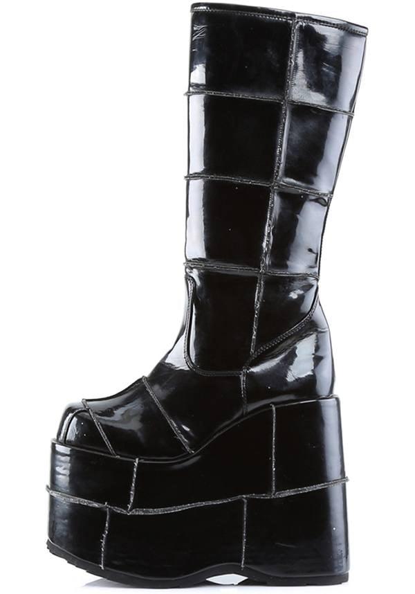 Black Stack-301 Platform Goth Cyber Gogo Knee High Boots - Preorder