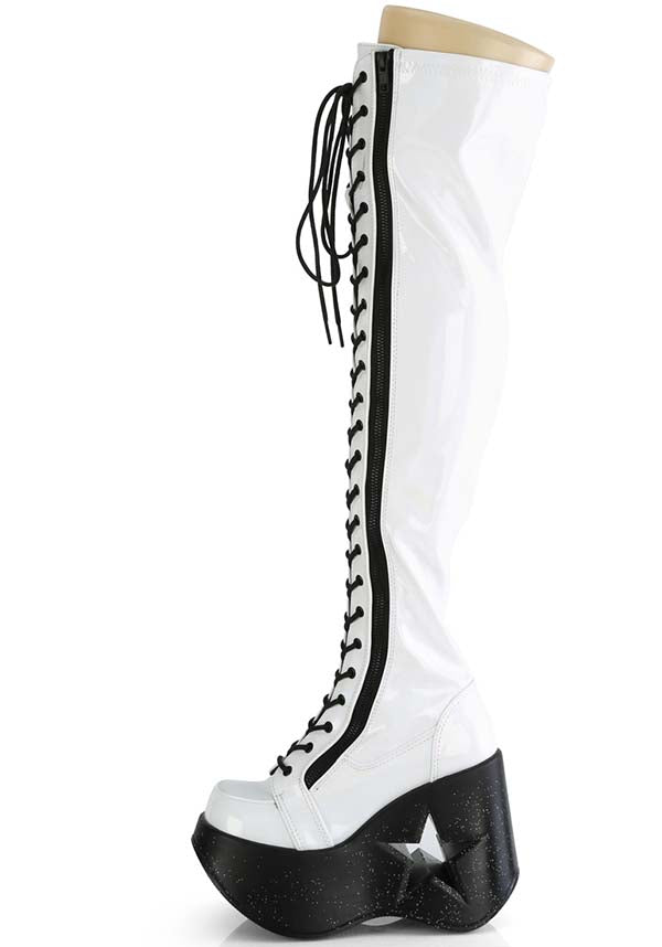 PREORDER: White Stretch Holo DYNAMITE-300 Platform Boots