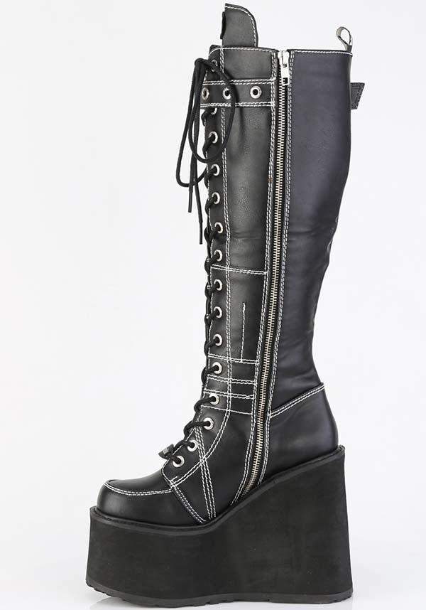 Demonia SWING-260 Black Vegan Leather Platform Boots for Fashionable Strutting [PREORDER]