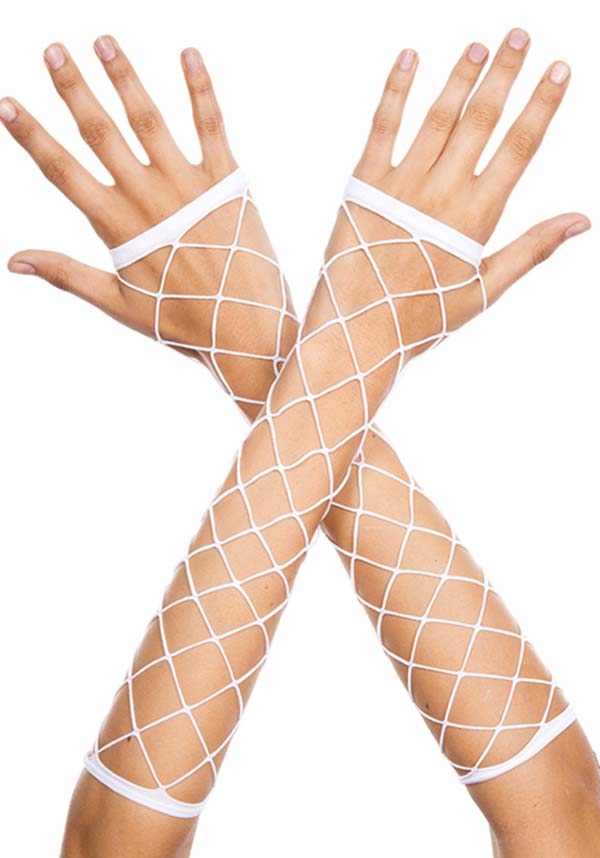 Stylish White Big Diamond Net Fingerless Armwarmers by Music Legs