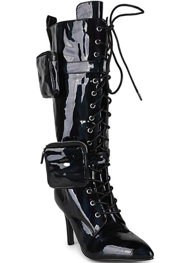 San Jose Black Holo Patent Leather Lace - Up Mid - Heel Boots with Pocket Details