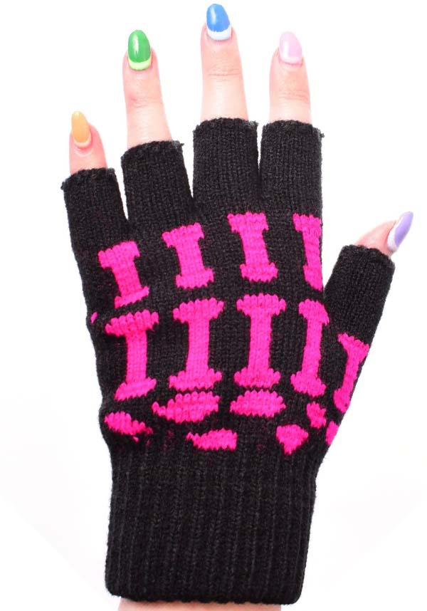 POIZEN INDUSTRIES Black and Pink Creepy Fingerless Gloves