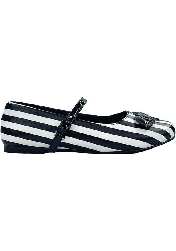 Strangecvlt Women's White and Black Striped Mary Jane Flat Shoes