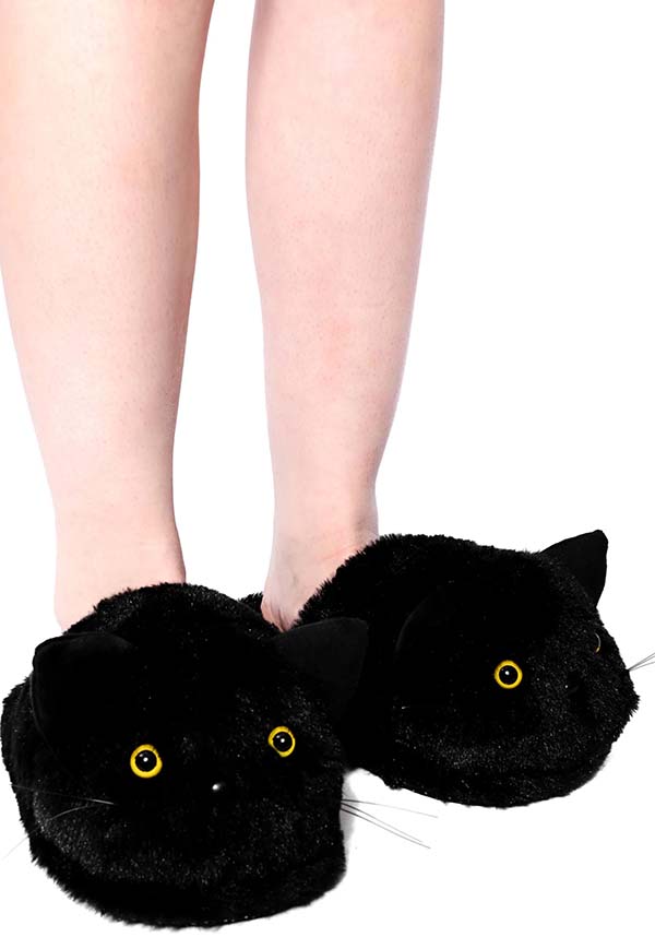 Black Faux Fur Plush Slippers Featuring a Cute Black Cat Face Design