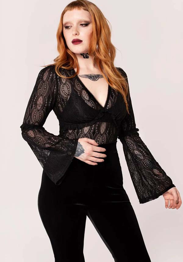 Hell Bunny Gothic Striped Black Lace Women's Top - Rhea Style